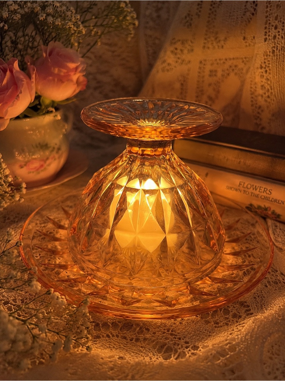 Pink Depression Glass Fairy Lamp Style Sherbet Bowl & Plate Candle Holder